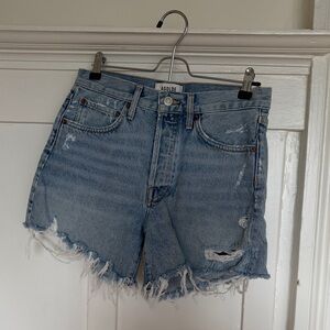 Agolde Light Blue Frayed Hem Distressed Denim Shorts